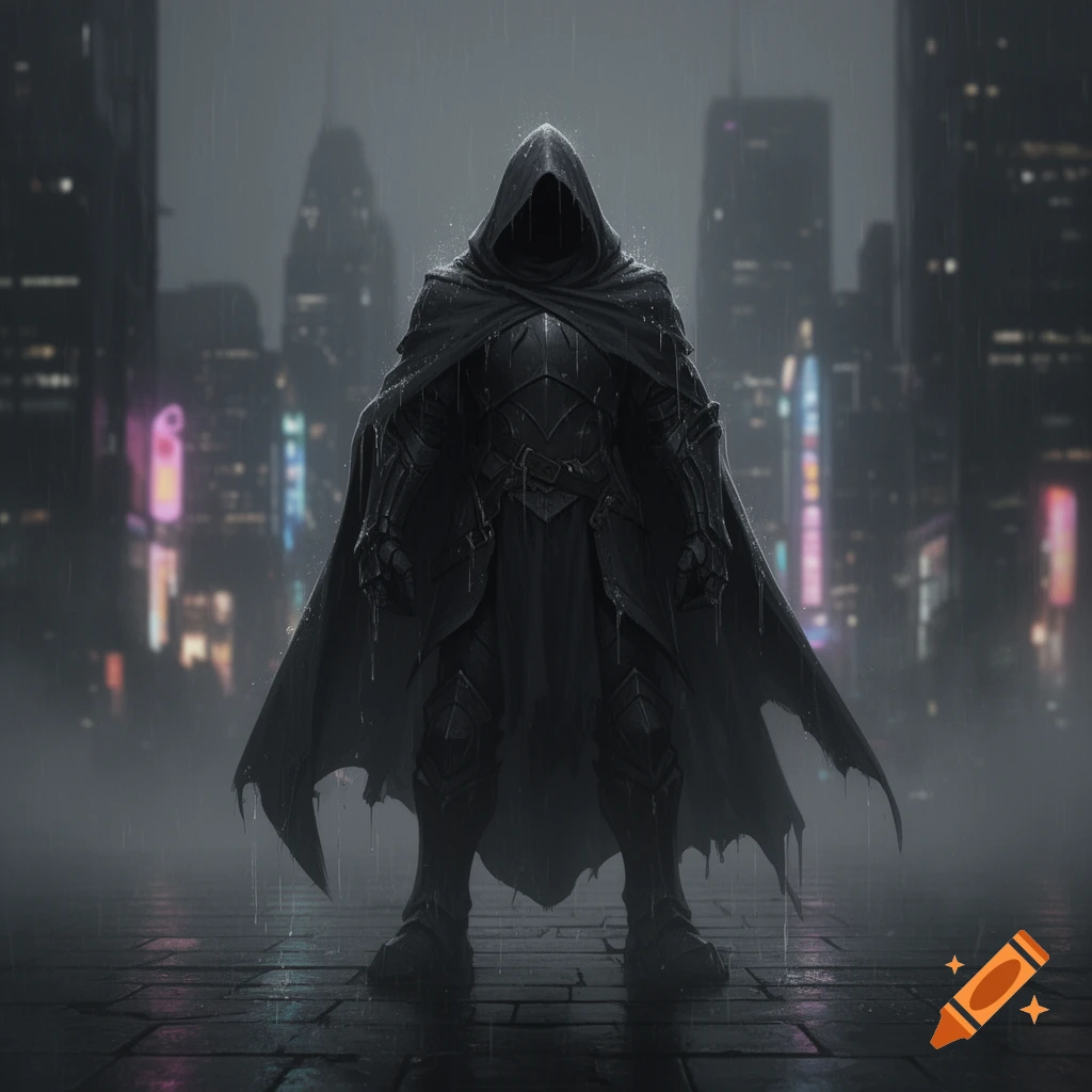 A shadowy, hooded figure in dark armor and a cloak stands in a rainy, neon-lit futuristic city street at night.