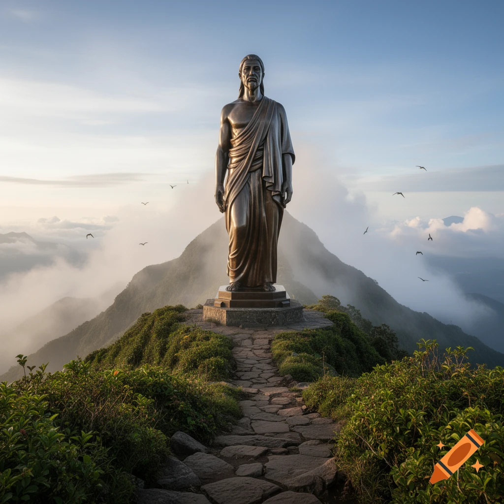 A large bronze statue of a man stands on a mountain peak, overlooking misty valleys under a clear sky.