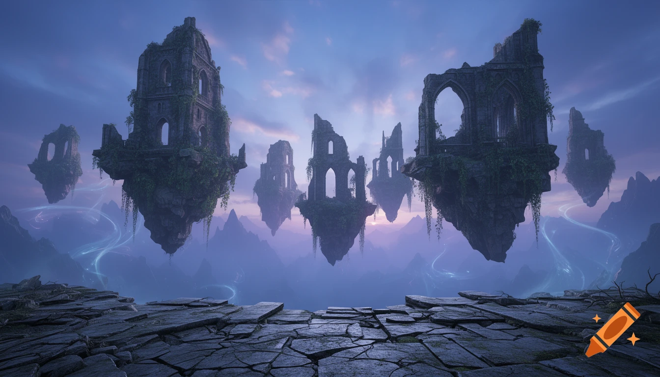 Fantasy landscape with crumbling medieval ruins floating in a misty, purplish sky above a cracked stone ground.