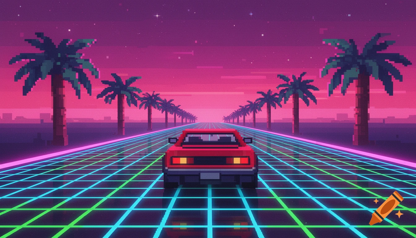 Pixel art of a red car driving on a neon grid highway, flanked by pixelated palm trees under a pink and purple synthwave sky.