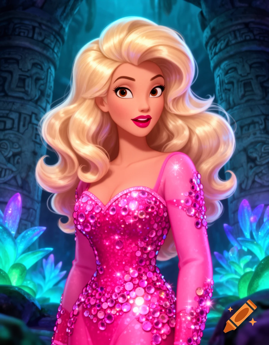 An animated blonde woman in a sparkling pink dress smiles, set against a dark fantasy background with glowing crystals and ancient pillars.
