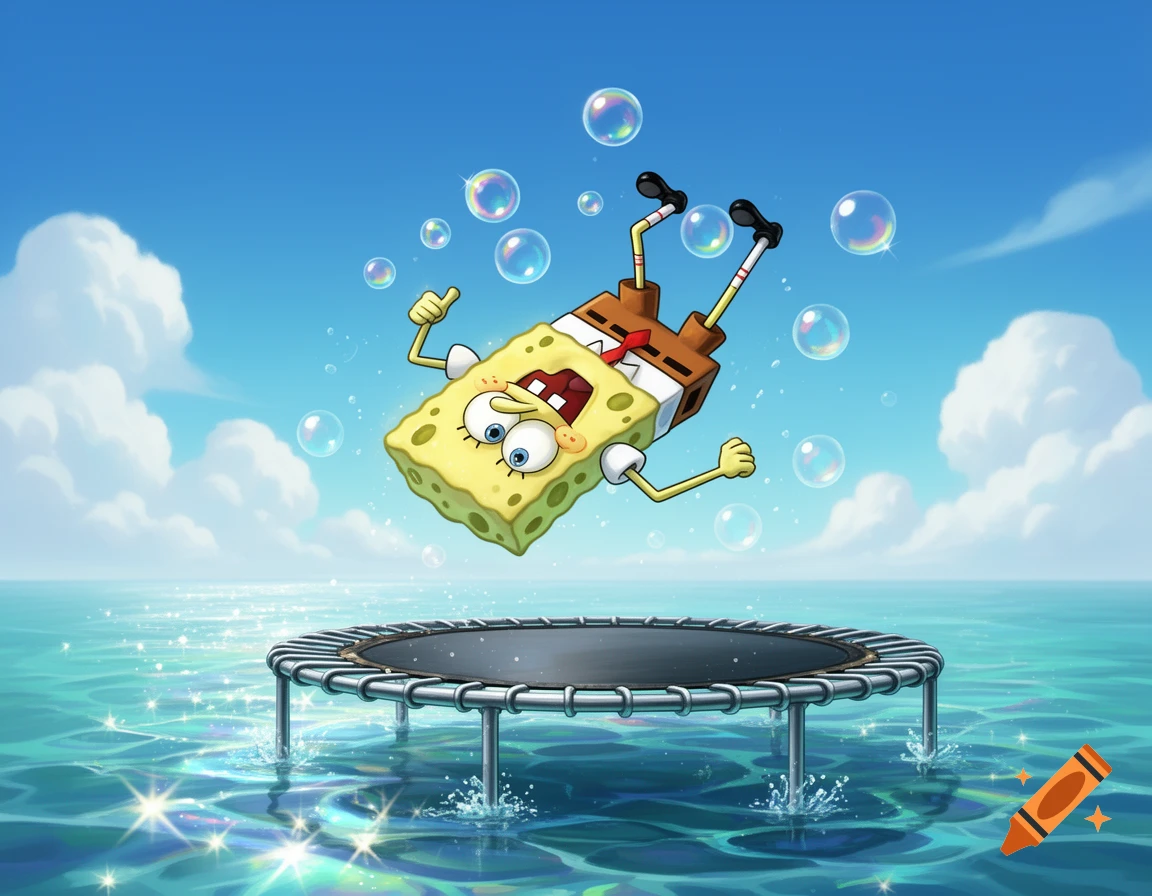 Spongebob Squarepants does a backflip off a trampoline into sparkling blue water with bubbles, in a vibrant cartoon style.