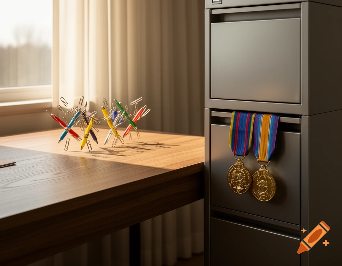 An office desk with colorful pens and paperclips forming abstract sculptures. A gray filing cabinet to the right has two gold medals with colorful ribbons hanging from a drawer.