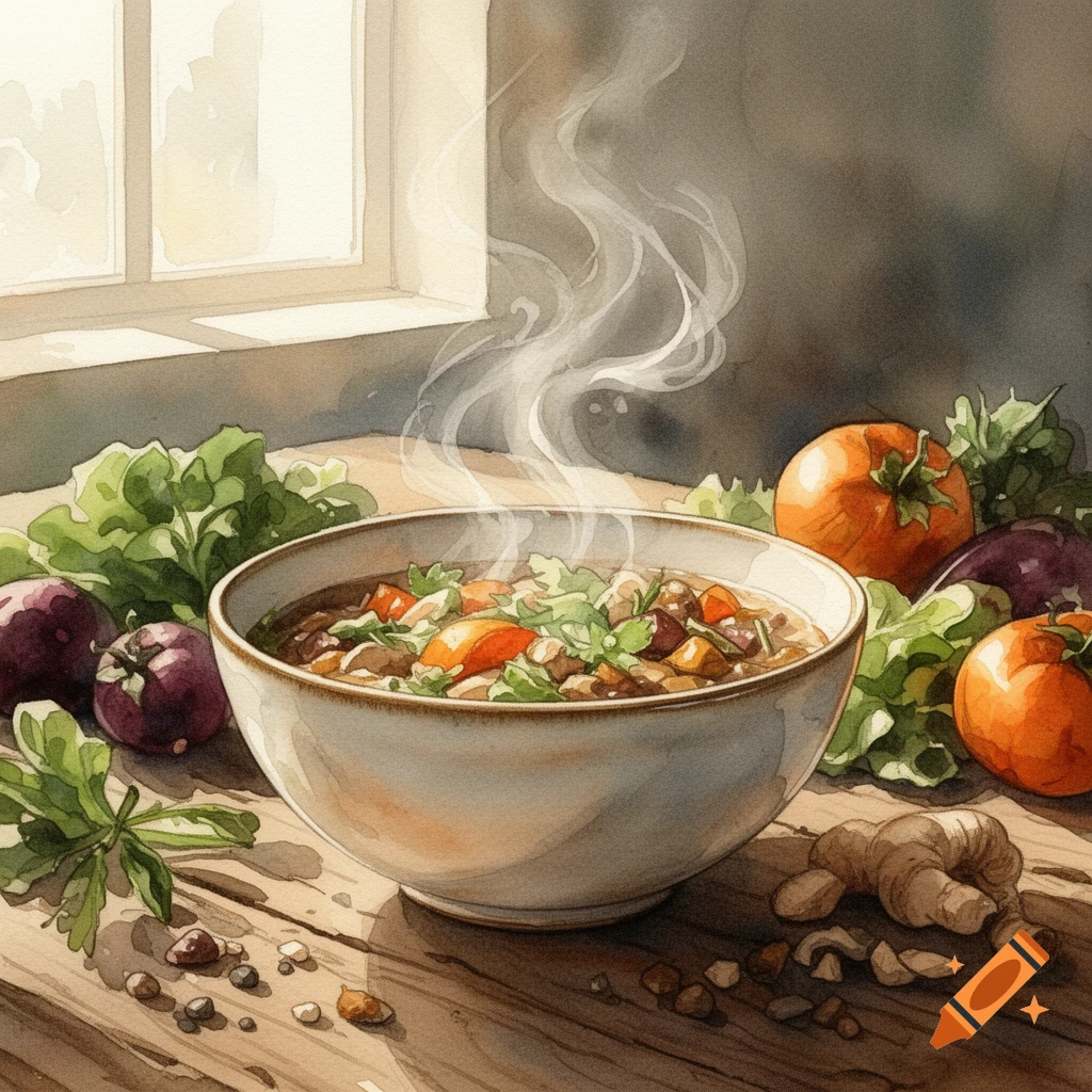 A steaming bowl of savory food, surrounded by fresh vegetables and spices on a wooden table, in a watercolor painting style.
