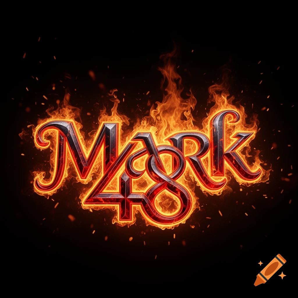The word "MARK" integrated with the number "48" in a fiery, metallic text effect, surrounded by flames on a black background.