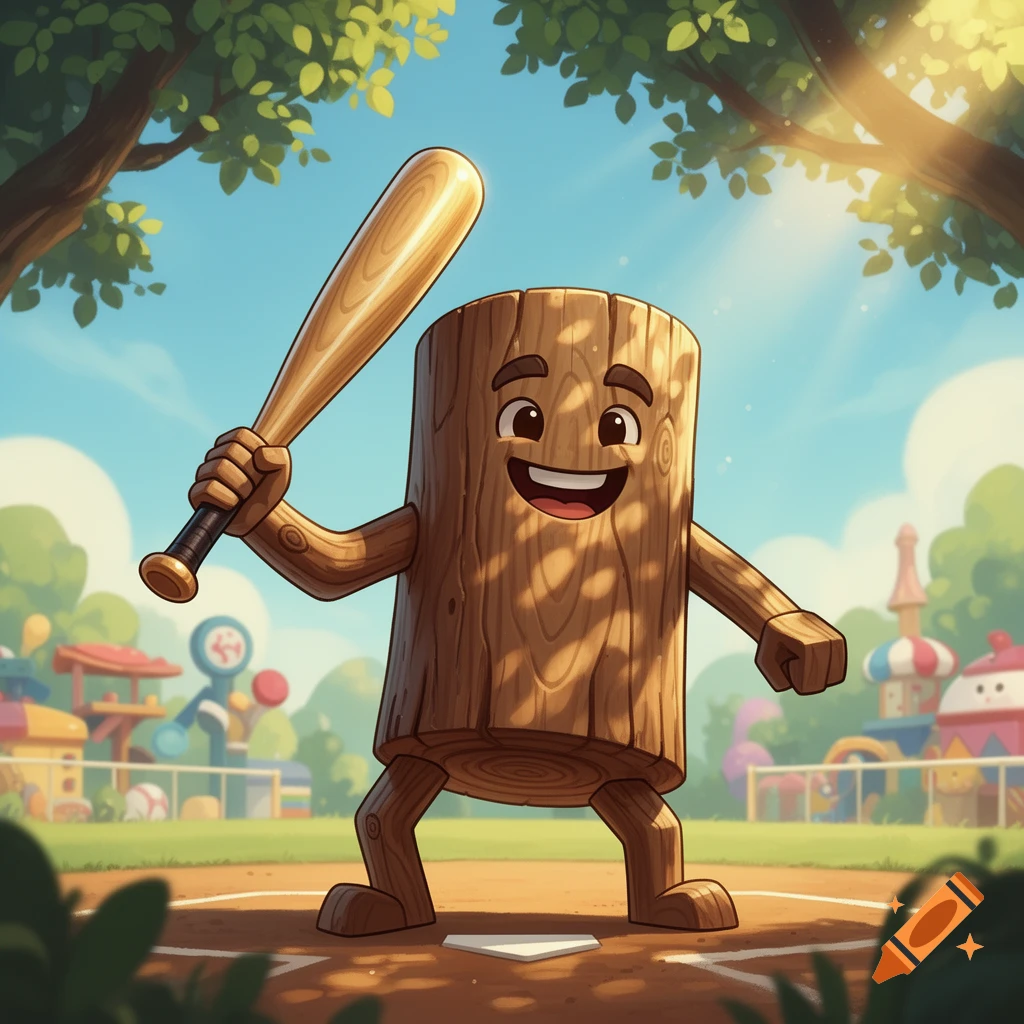A happy cartoon log character holding a baseball bat on a baseball field, with a playground in the background under a sunny sky.