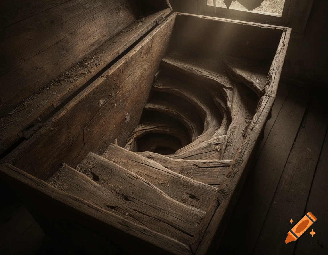 An ultrarealistic dark image of an old wooden coffin opening to a spiral staircase, set in an abandoned attic.