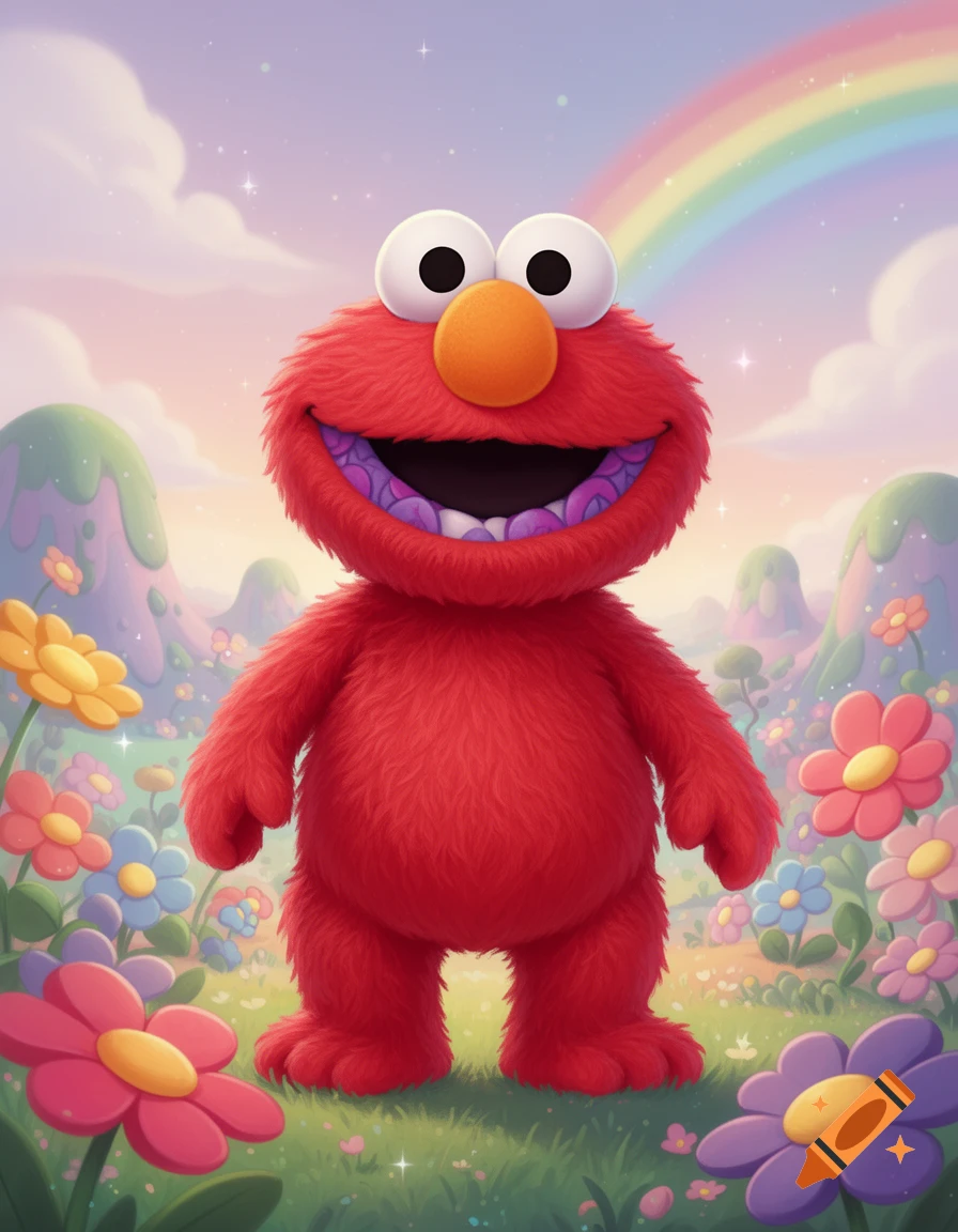 A bright red furry creature resembling Elmo stands in a whimsical field of colorful flowers under a pastel sky with a rainbow.