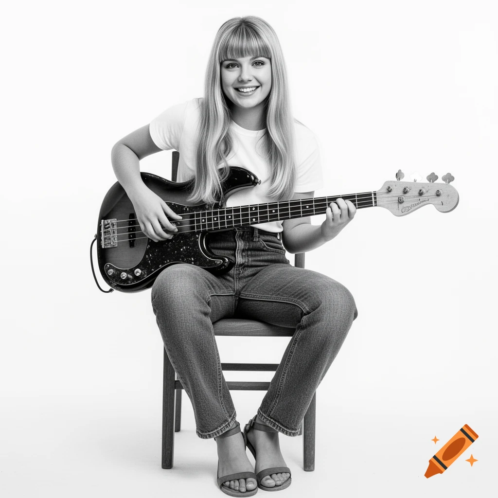 A smiling young woman with long blonde hair and bangs sits playing a bass guitar in a black and white, photorealistic portrait.