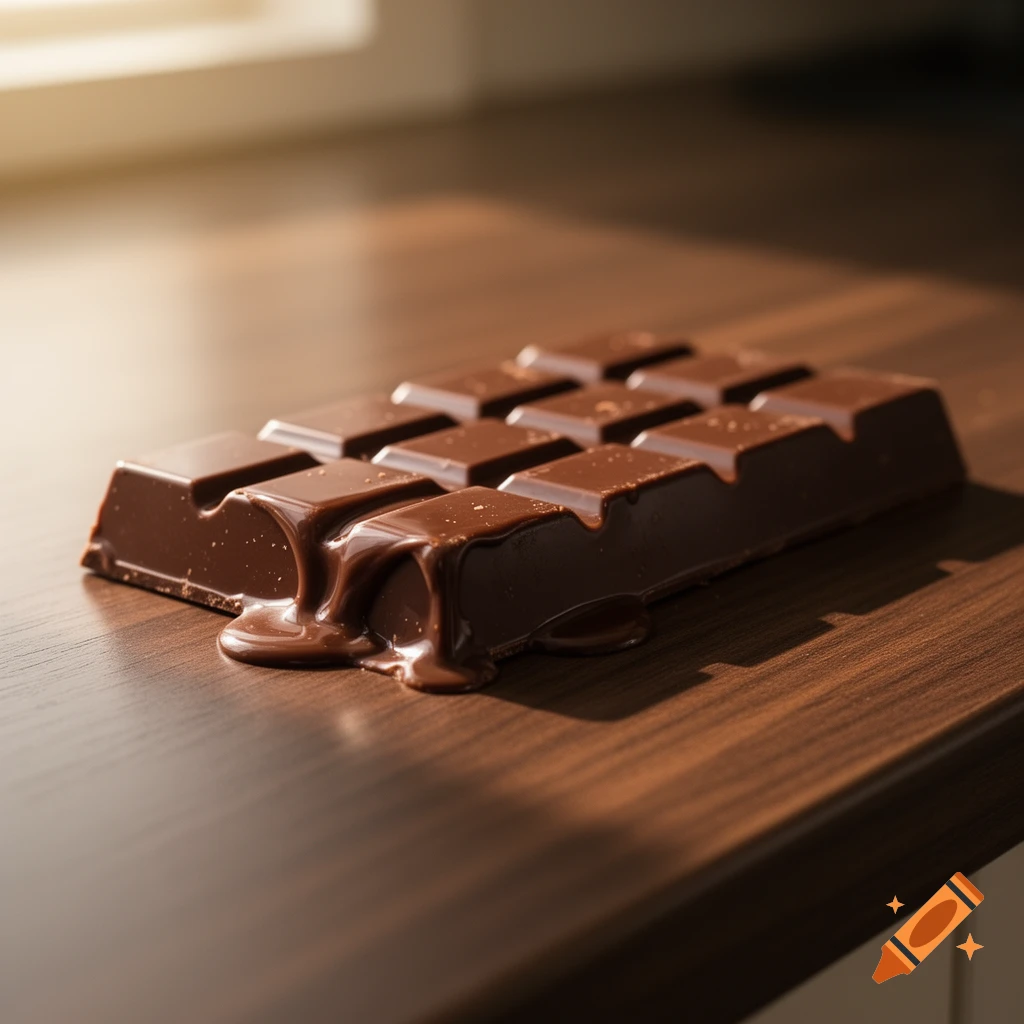 A photorealistic close-up of a melting chocolate bar resting on a wooden surface, with a warm light in the background.