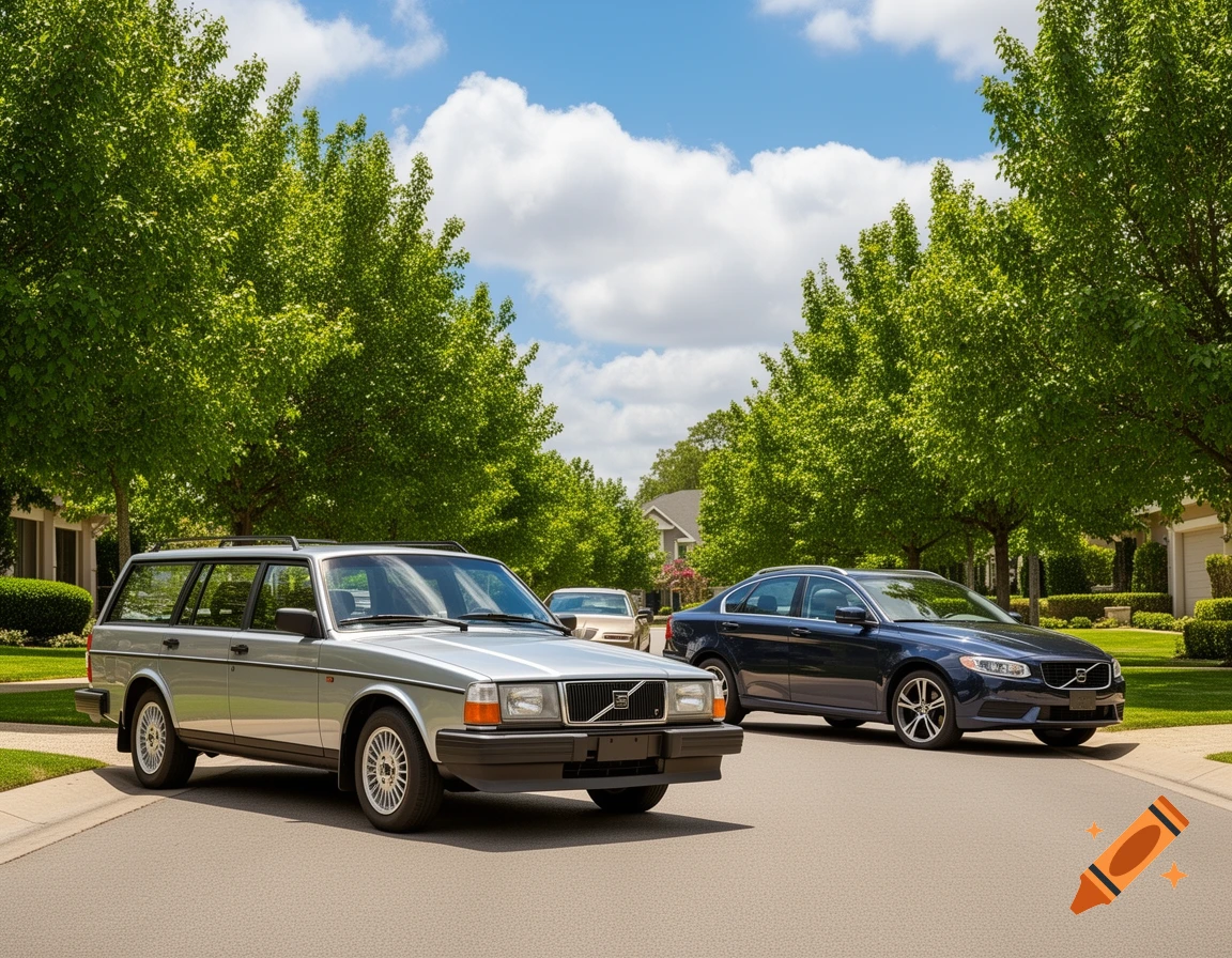 A silver Volvo station wagon and a blue Volvo sedan parked on a tree-lined suburban street under a blue sky.