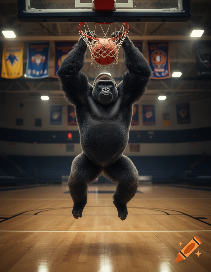A powerful, photorealistic gorilla dunks a basketball in a gymnasium, suspended in mid-air.