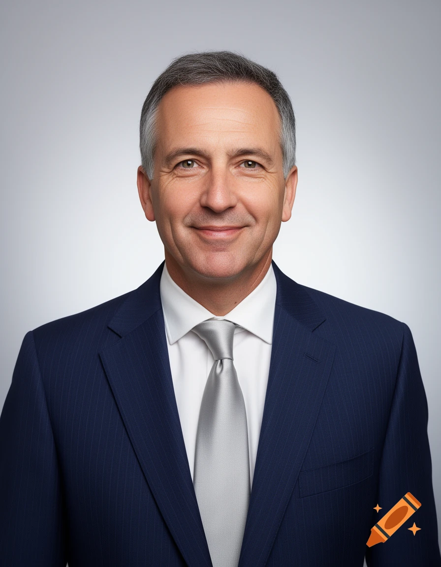 A smiling man with graying hair in a navy pinstripe suit and light gray tie, looking directly forward.