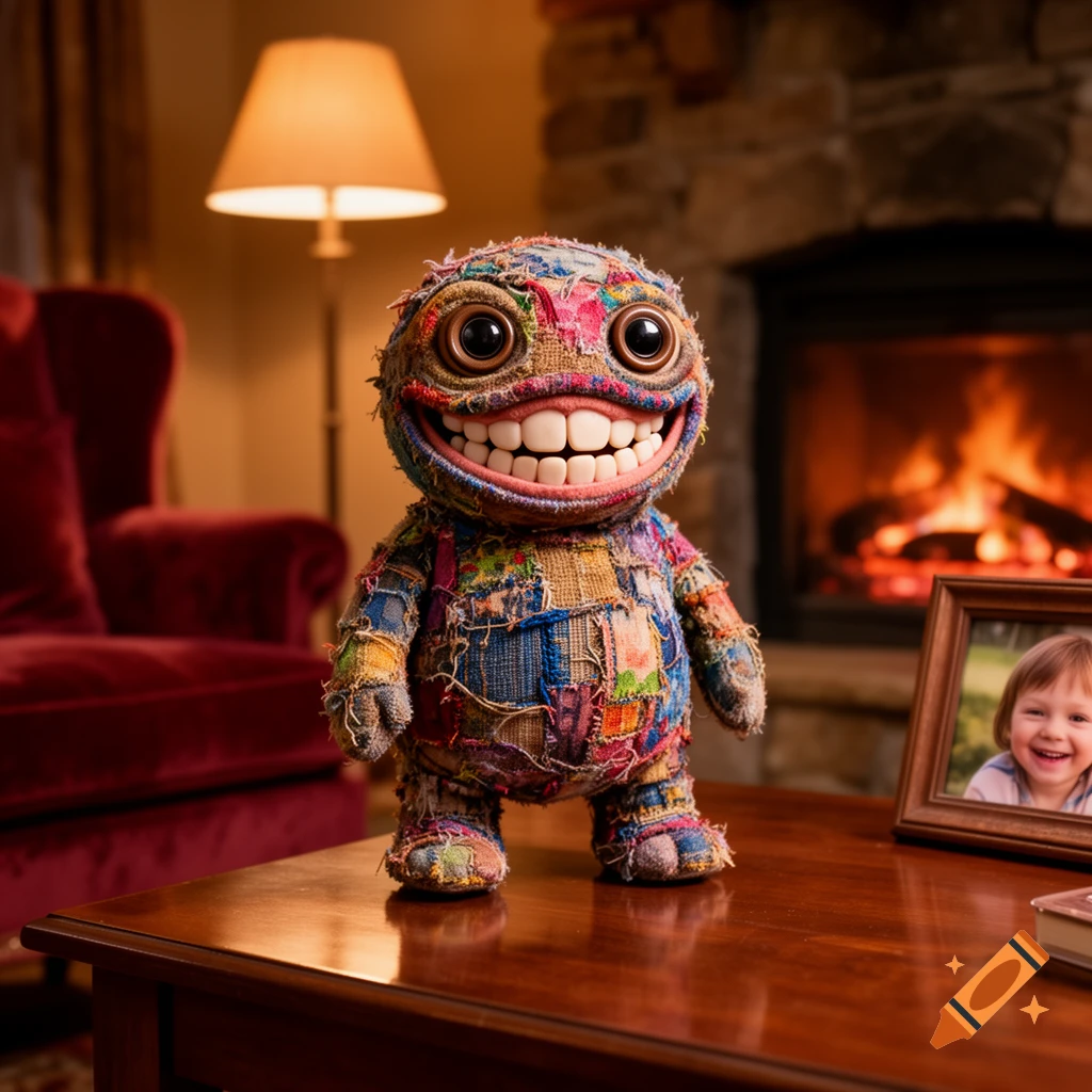 A photorealistic Fuggler-like patchwork monster doll with big eyes and a wide grin stands on a wooden table in a cozy room with a fireplace.