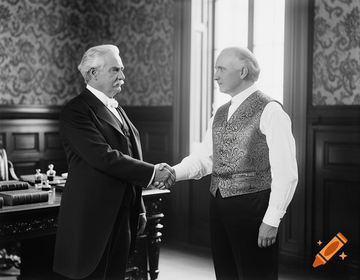 Two men in formal attire, John A. Macdonald and Wilfrid Laurier, shake hands in a period room.