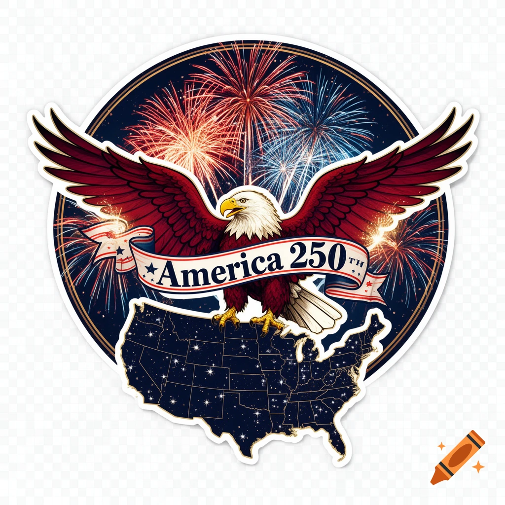 A patriotic sticker with a bald eagle holding an 'America 250TH' banner, standing on a USA map with fireworks.