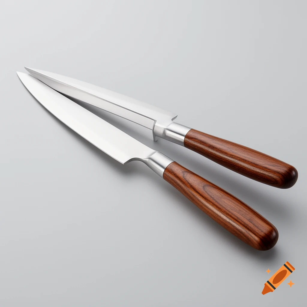 Two modern kitchen knives with bright silver blades and warm brown wooden handles lie on a light gray surface.