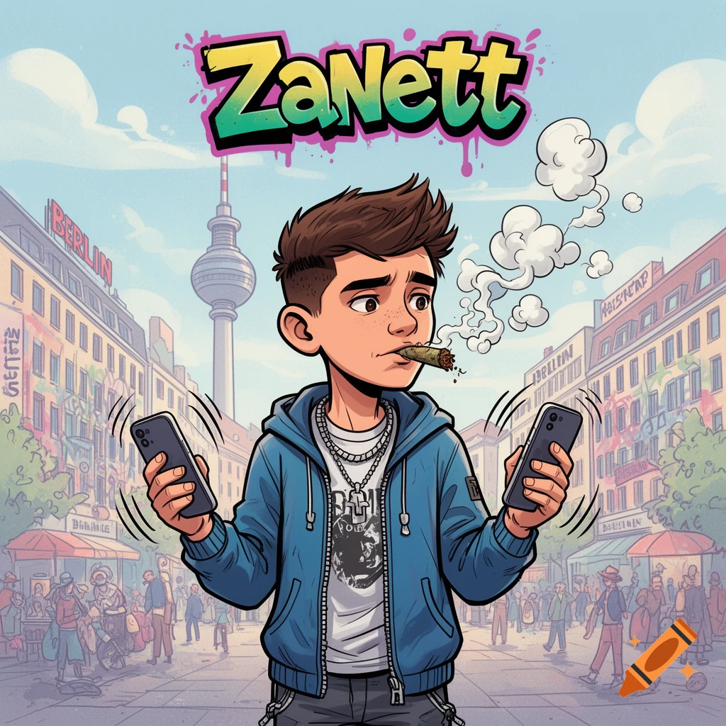 A cartoon boy in Berlin with "ZaNett" above him, smoking a joint and holding two vibrating cell phones, against a backdrop of city buildings and the Berlin TV Tower.