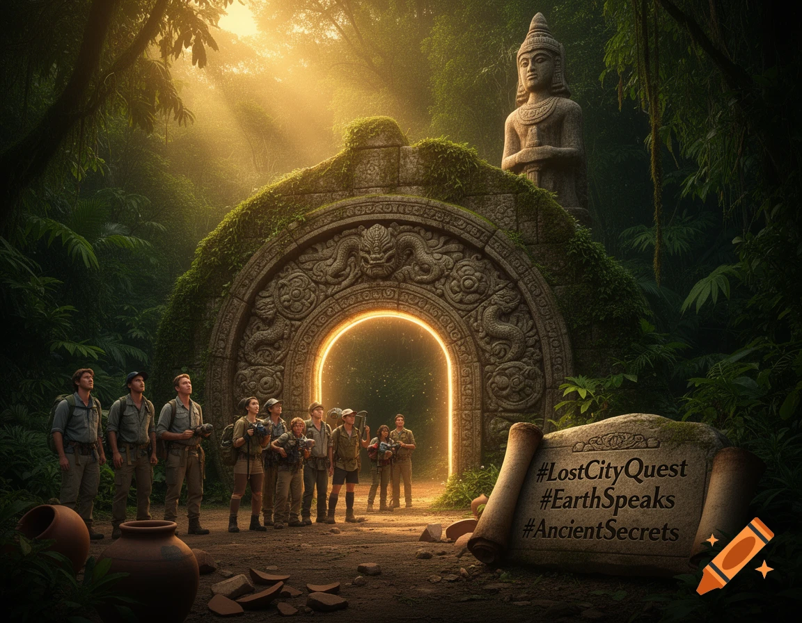 Explorers stand before a glowing ancient stone archway in a dense, sunlit jungle, with a statue and a stone tablet.