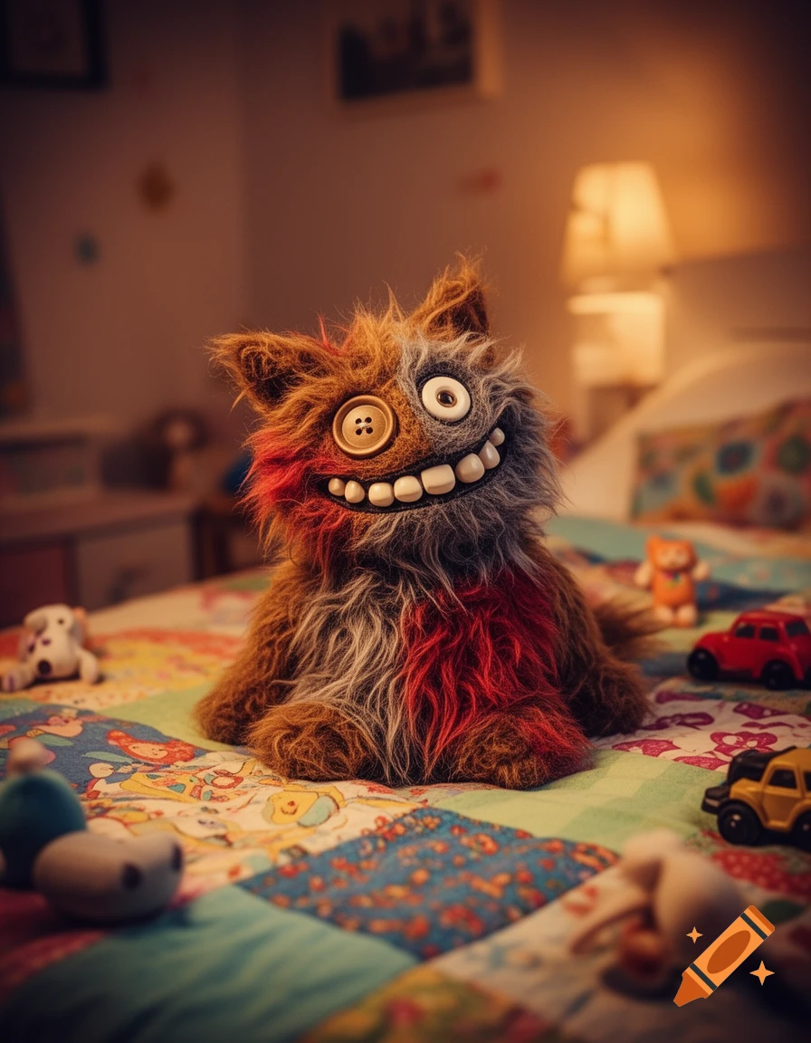 A fuzzy brown and red Fuggler toy with large teeth and mismatched button eyes sits on a colorful patchwork quilt in a bedroom.