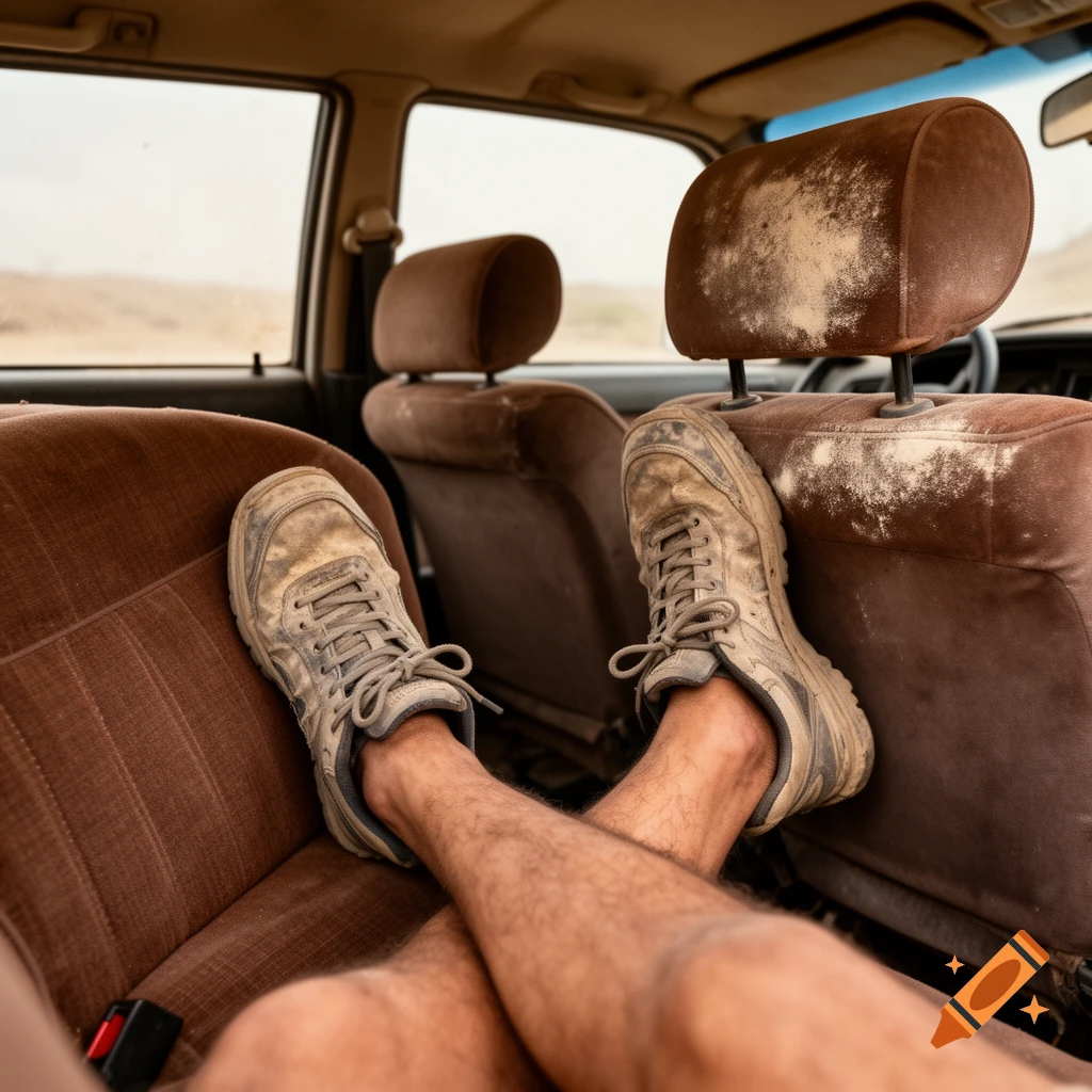 Person's legs in dirty sneakers resting on dusty brown car seats, with a hazy outdoor view.