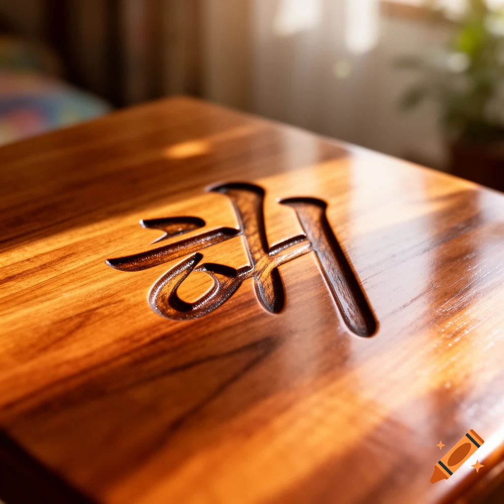 Close-up photorealistic image of the Korean character "해" carved into a polished, warm-toned wooden surface, bathed in sunlight.