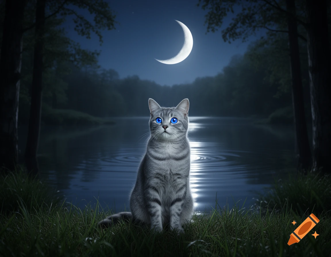 Photorealistic gray tabby cat with bright blue eyes sits by a moonlit lake in a dark forest under a crescent moon.
