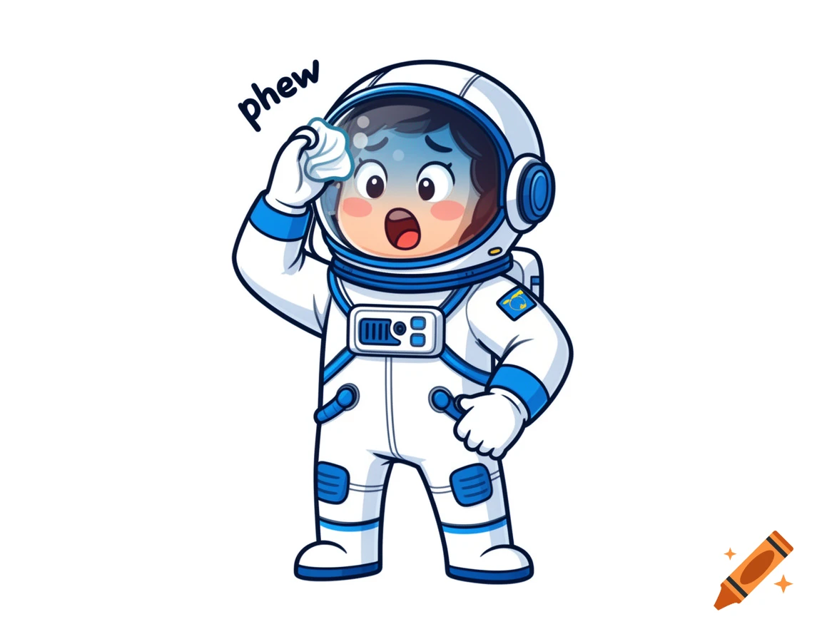 Distressed cartoon astronaut in a white and blue suit wiping sweat, with 'phew' text.