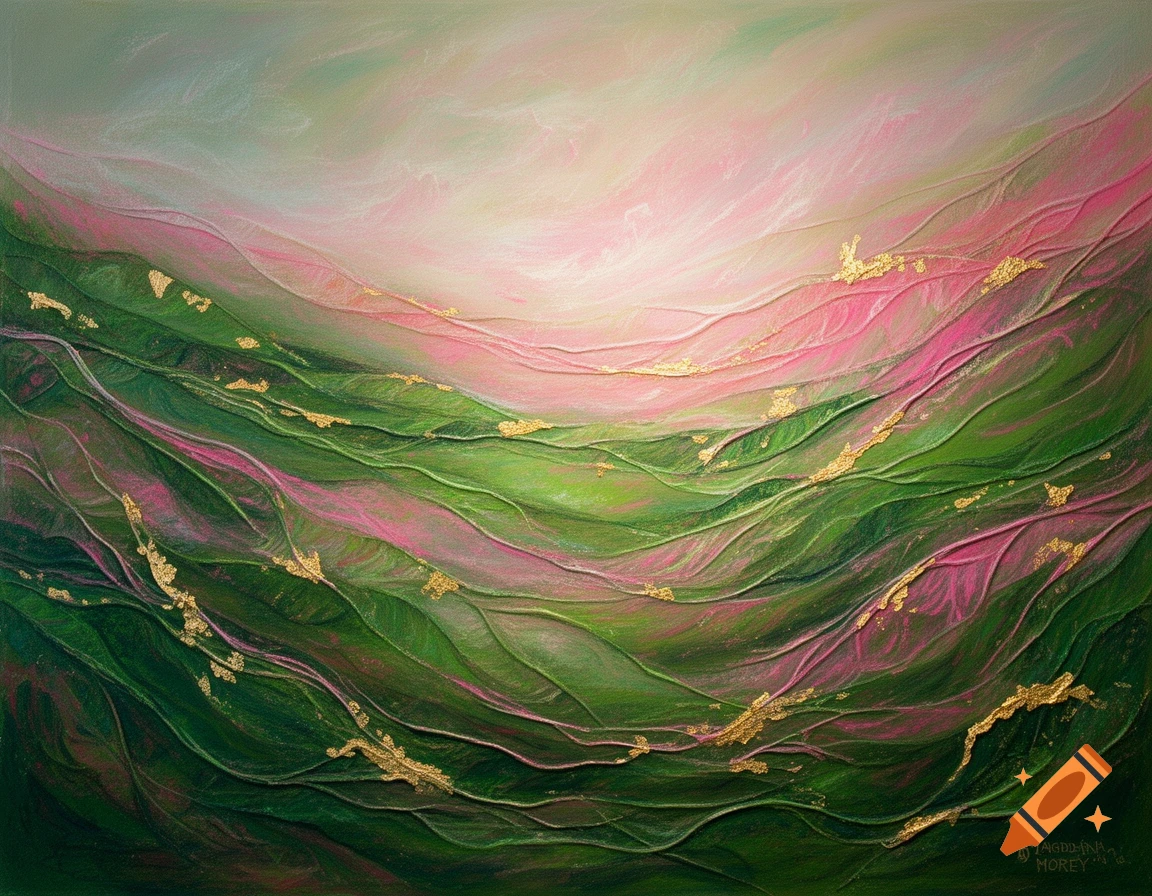 Textured abstract landscape painting with flowing green and pink layers, subtle gold leaf, and a soft, luminous sky.