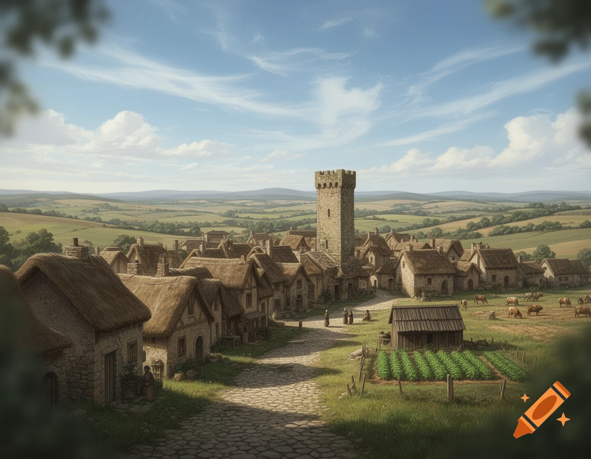 A serene medieval town featuring thatched-roof houses, a tall stone tower, a small farm, and grazing cows amidst rolling green plains under a blue sky.