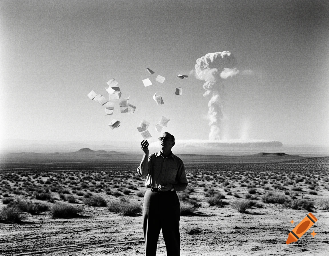 A black and white photo of physicist Enrico Fermi dropping papers in the New Mexico desert with a mushroom cloud in background.
