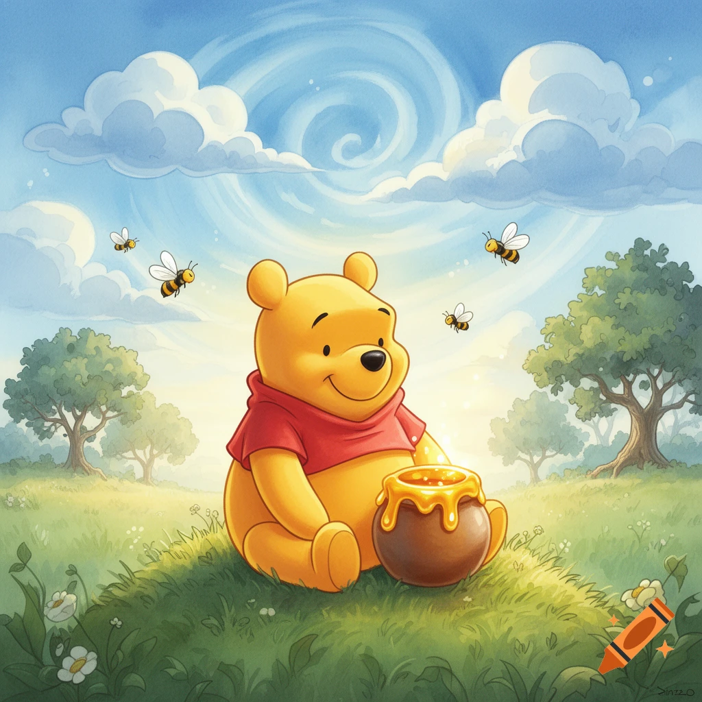 Winnie the Pooh sits smiling in a green grassy field with a honey pot, surrounded by trees and flying bees under a blue sky.