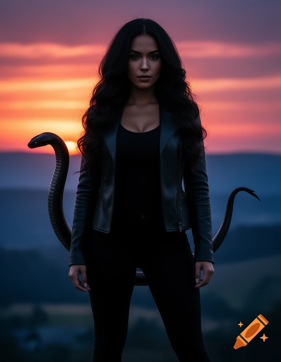 Photorealistic portrait of a woman with long dark hair, wearing a black leather jacket, with two snake-like tails, against a vibrant sunset over hills.
