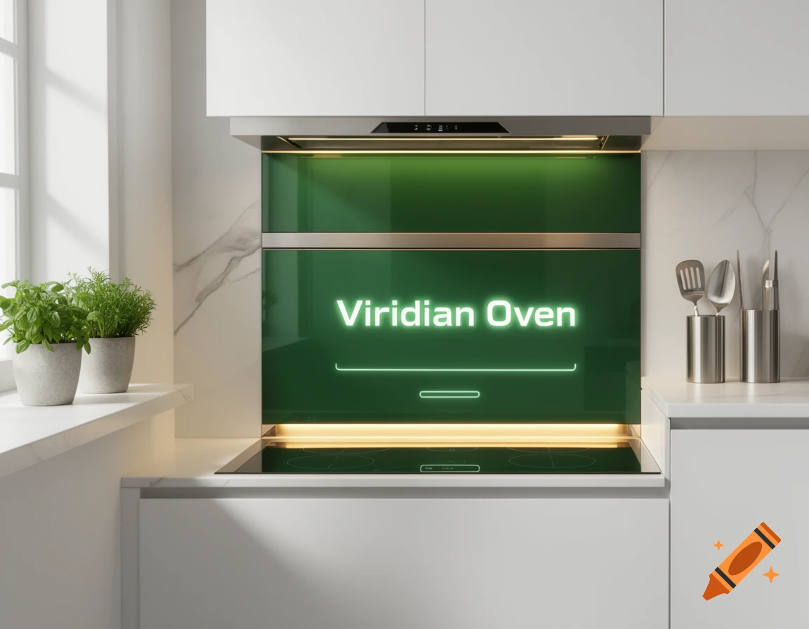 A modern kitchen with a green glass oven and stovetop, featuring the text "Viridian Oven" on its display. Two potted plants sit on a windowsill.
