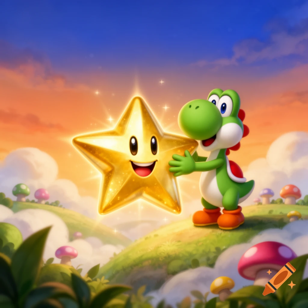 Yoshi hugs a glowing golden Super Star on green hills with colorful mushrooms under a vibrant sunset sky, in a cartoon style.
