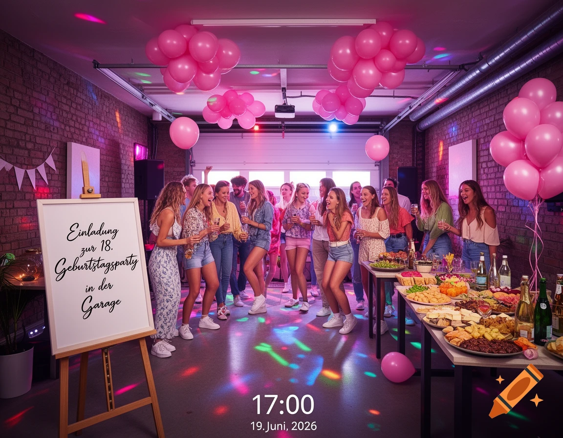 A lively 18th birthday party in a garage, decorated with pink balloons and disco lights. Young people laugh and enjoy food and drinks.