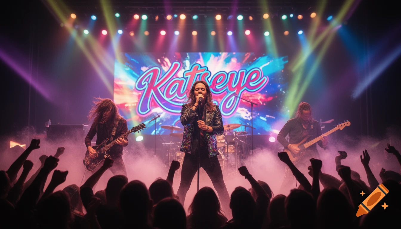 A band performs "Katseye" on stage with vibrant lights, smoke, and an enthusiastic audience raising their fists.