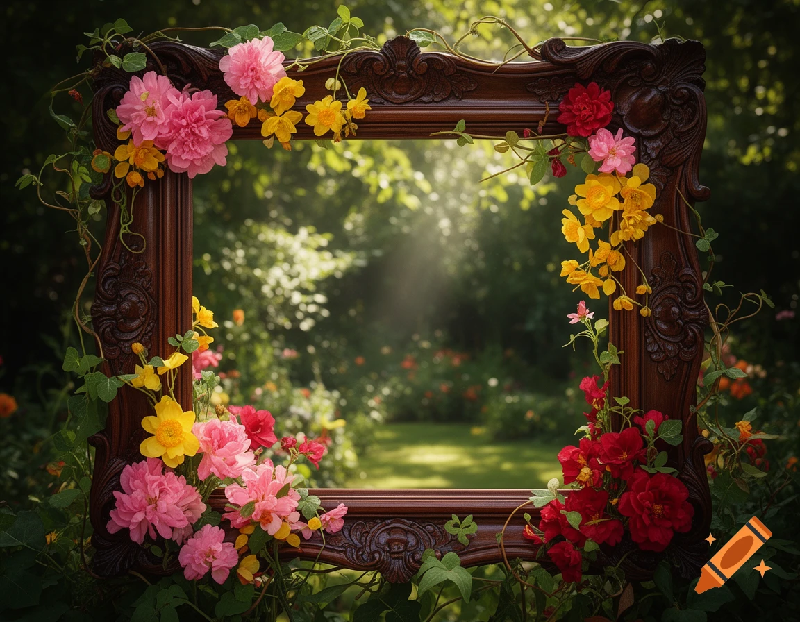 An ornate wooden frame covered with pink, yellow, and red flowers and green vines in a sunlit garden.