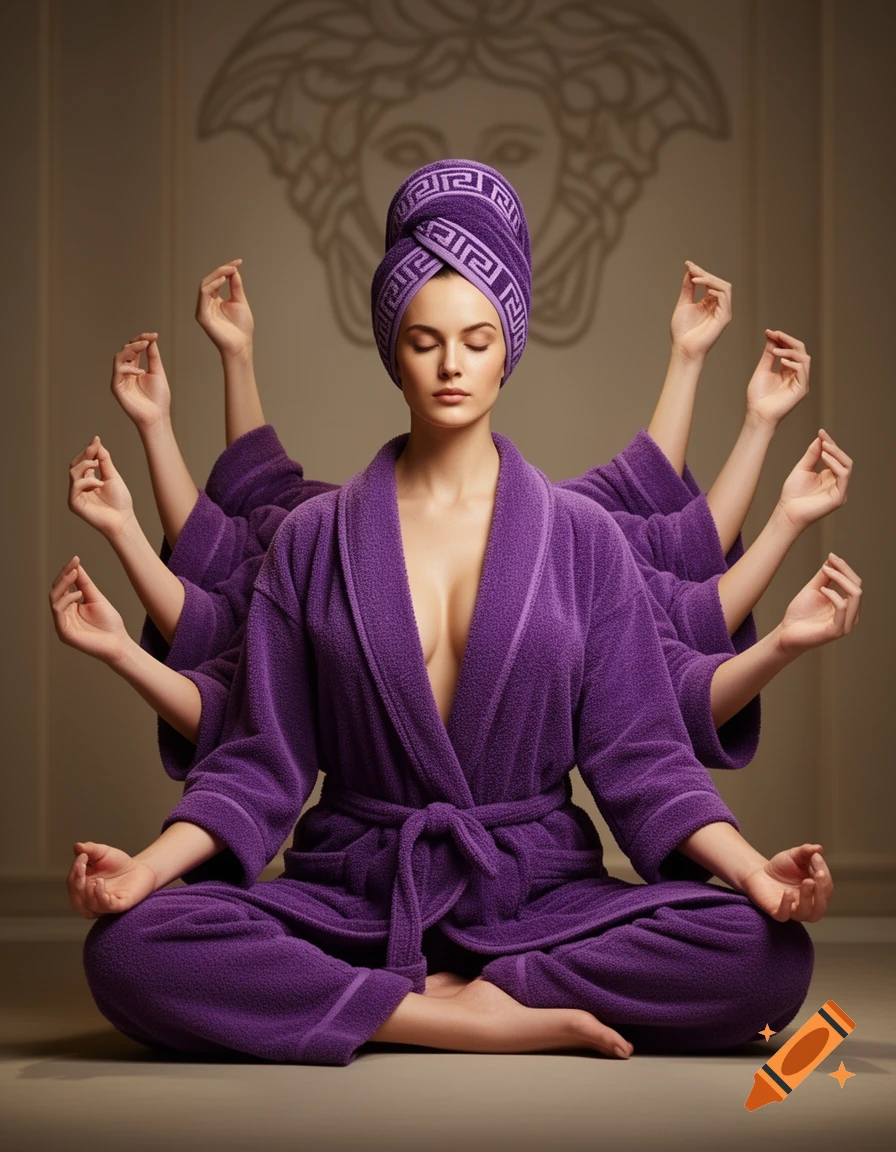 A multi-armed woman in a purple Versace-patterned bathrobe and towel meditates in a lotus pose, with a Medusa logo on the wall.