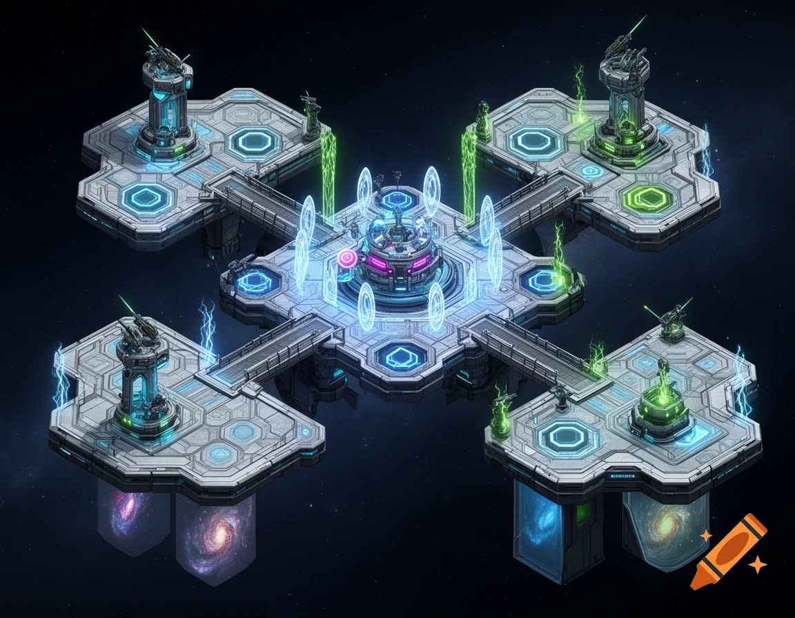 Isometric science fiction battlemap with glowing platforms, energy towers, and bridges over a starry void.