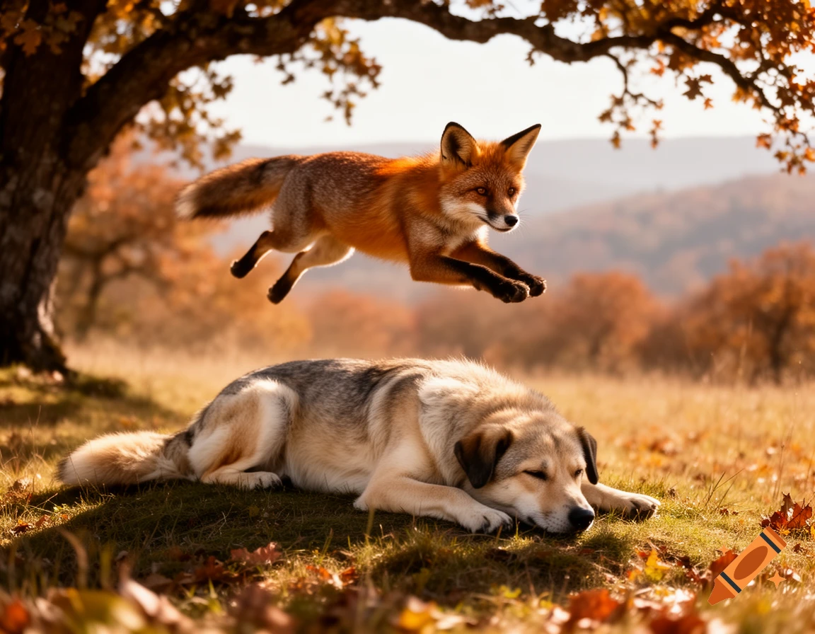A photorealistic image of a quick brown fox leaping over a lazy dog sleeping in an autumn field under a tree.