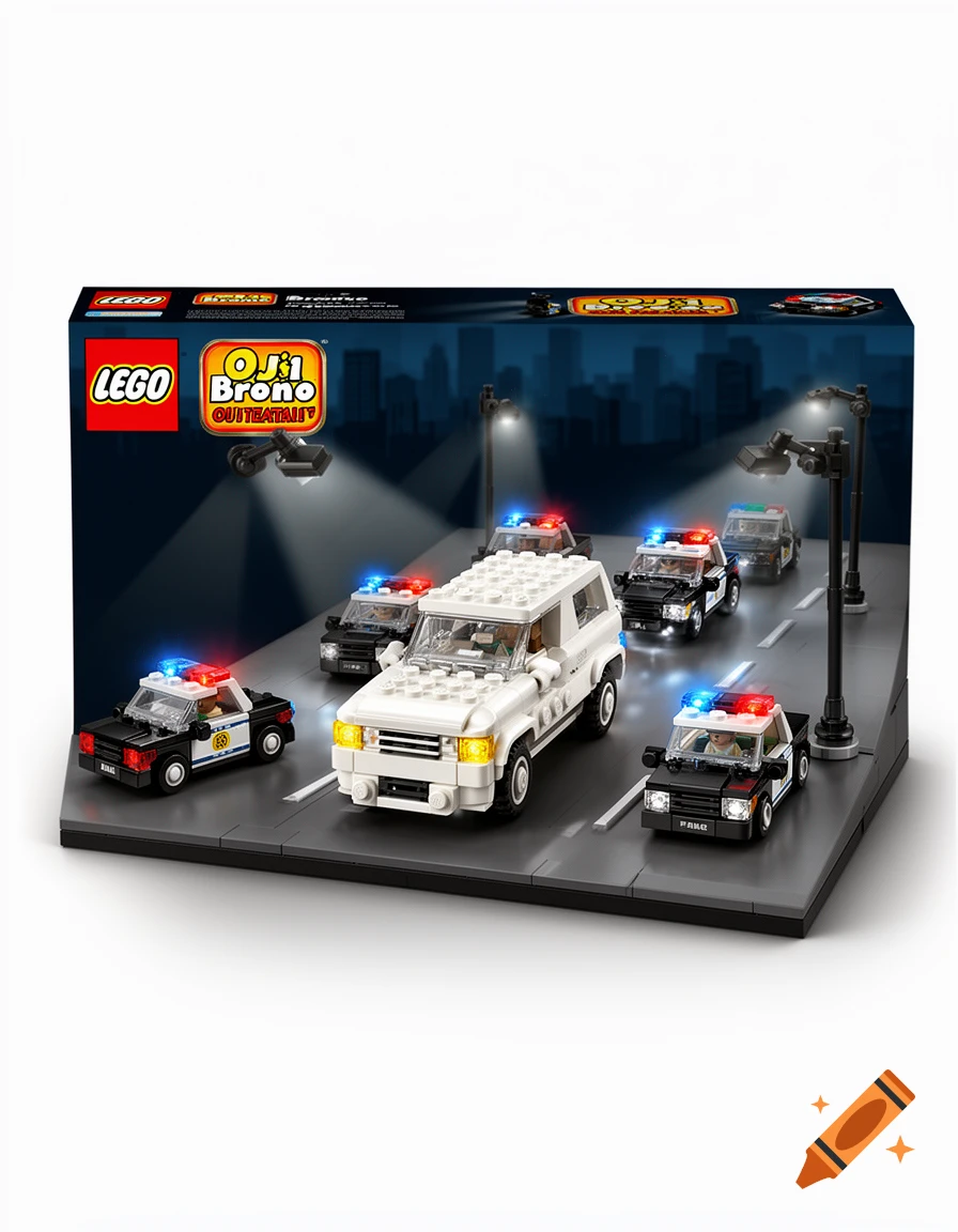 A Lego set box shows a white SUV pursued by black and white police cars with flashing lights on a city street at night.