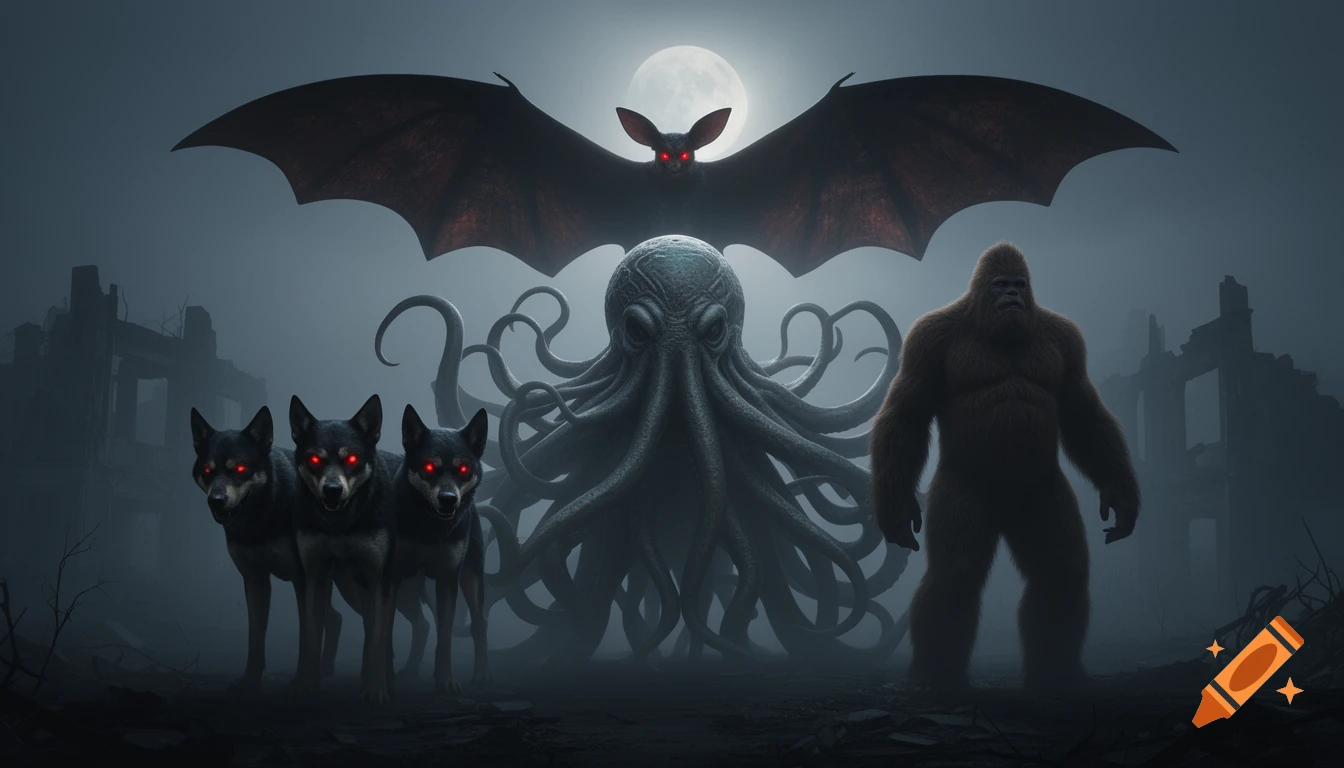 Cthulhu, a three-headed hellhound, Bigfoot, and Mothman stand in a misty, ruined landscape under a full moon, dark fantasy style.