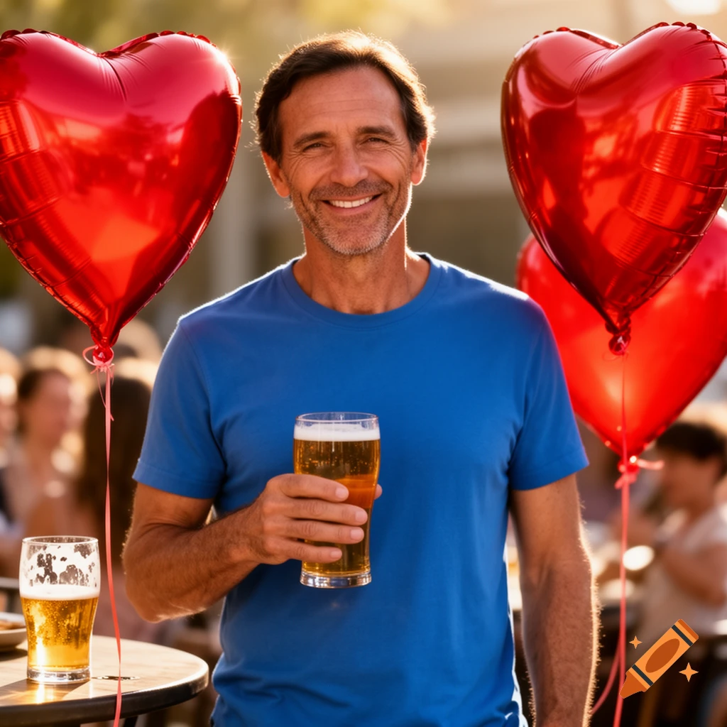 A smiling man in a blue t-shirt holds a glass of beer, flanked by large red heart balloons, in a sunny outdoor setting.