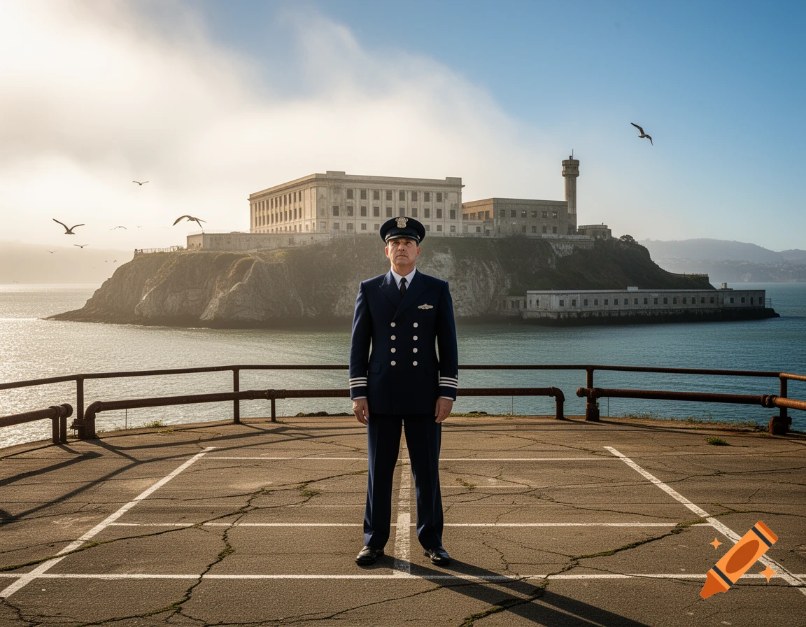A man in a dark blue officer's uniform stands on a cracked concrete pad, with Alcatraz Island and a lighthouse in the background across calm water under a hazy sky.