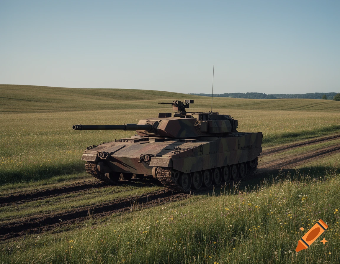 A military tank with camouflage drives on a dirt path through a green, grassy field under a clear blue sky.