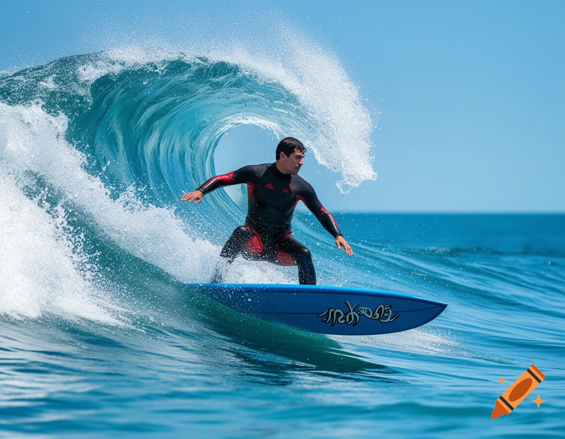 A male surfer in a black and red wetsuit rides a blue surfboard down a large, curling ocean wave under a clear blue sky.