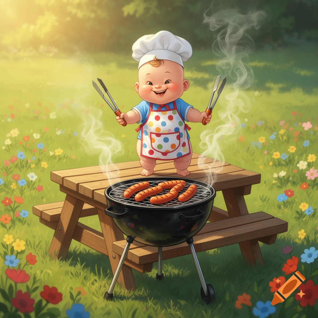 A cute cartoon baby chef in a hat and polka-dot apron stands on a picnic table, grilling hot dogs on a BBQ in a sunny, flowery field.