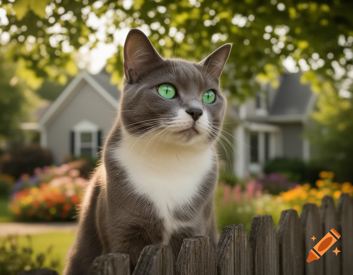Photorealistic grey and white cat with green eyes peeking over a wooden ...