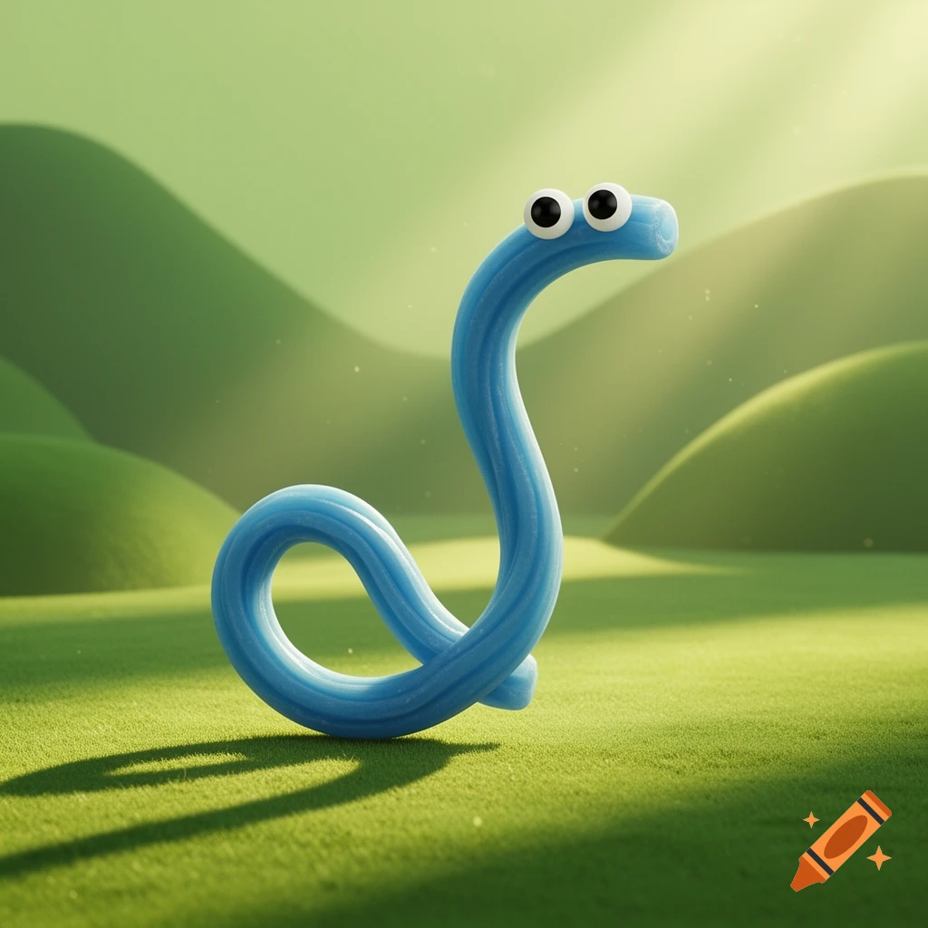 A whimsical blue noodle character, shaped like an 'S' with googly eyes, stands on vibrant green grass amidst rolling hills in a 3D render.